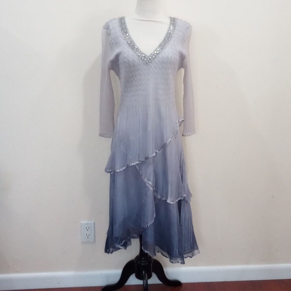 Komarov Tiered Silver Night Ombre Chiffon Charmeuse A-line Beaded Dress - L